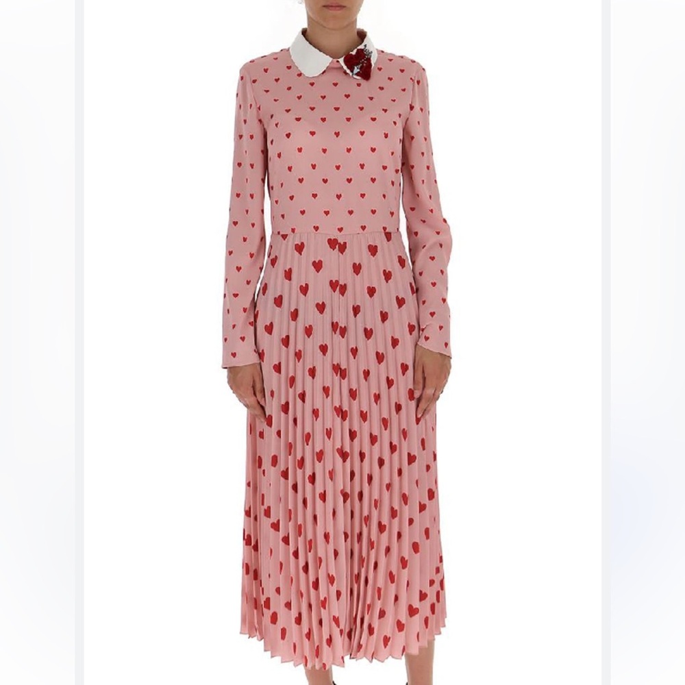 VALENTINO Valentines Heart Midi Maxi Pleated Chine Red Pink Heart Dress 38 8 - Picture 4 of 16